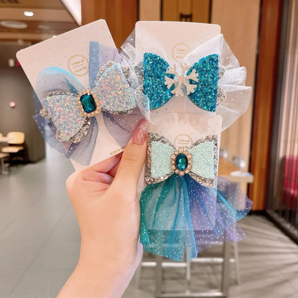 

3pcs Children Snow Queen Princess Bow Sparkling Ribbon Hairpin Little Girl Elsa Crown Jewel Top Clip Braided Fairy Hairpin HP01