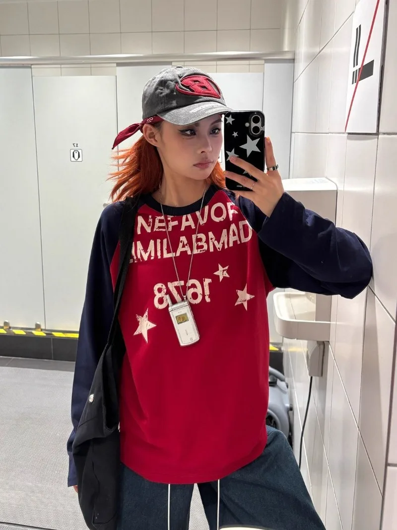 긴 소매 컬러 블록 레터 후디 여성 의류 그래픽 심플 우아 다용도 패셔너블 루즈하고 넉넉한 후디