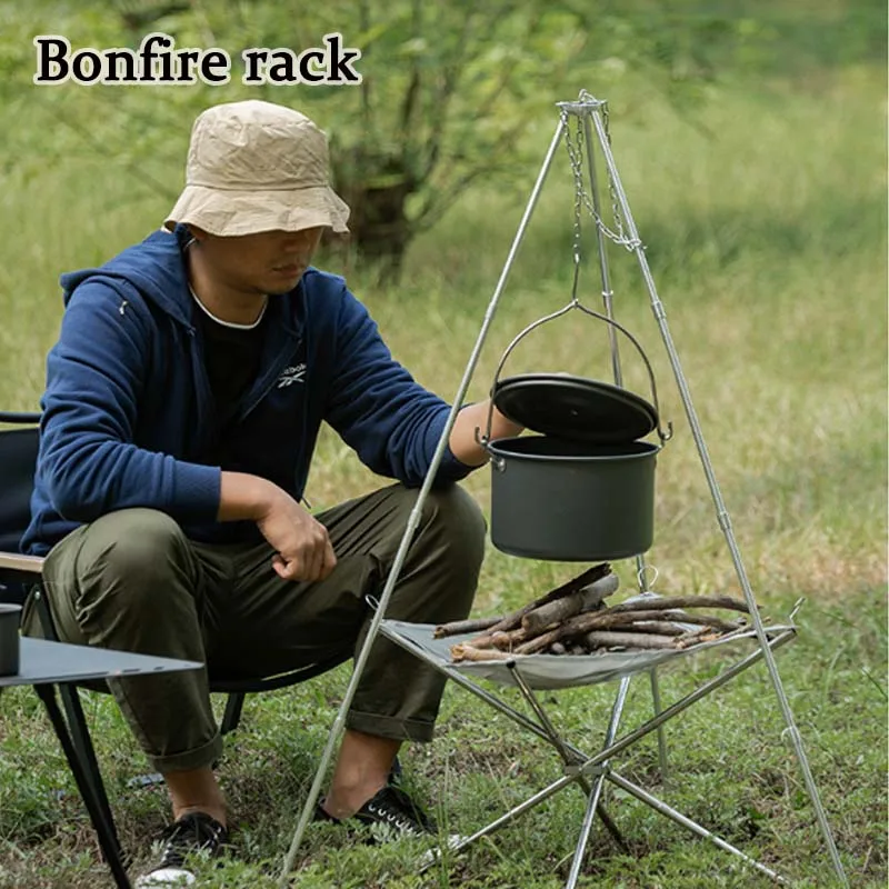 Camping Bonfire Tripod Portable Triangle Support Camping Bonfire Frame Picnic Campfire Cooking Pot Hanging Chain Support Rack