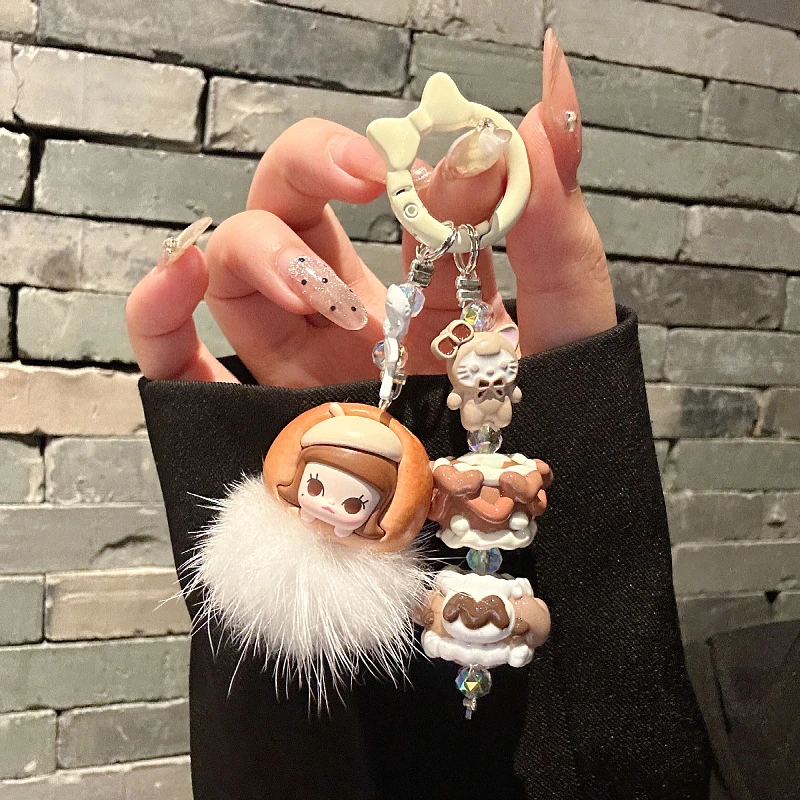 New Pop Bean Baked Bread Diy Molly Labubu Fluffy Plush Ball Phone Chain Student Cute Keychain Girl Bag Cars Key Pendant for Gift