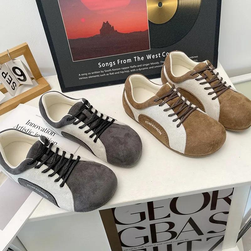 

Women Color Block Sneakers Suede Patchwork Lace Up Flat Casual Shoes Retro Lightweight Walking Trainers Brown Grey Footwear