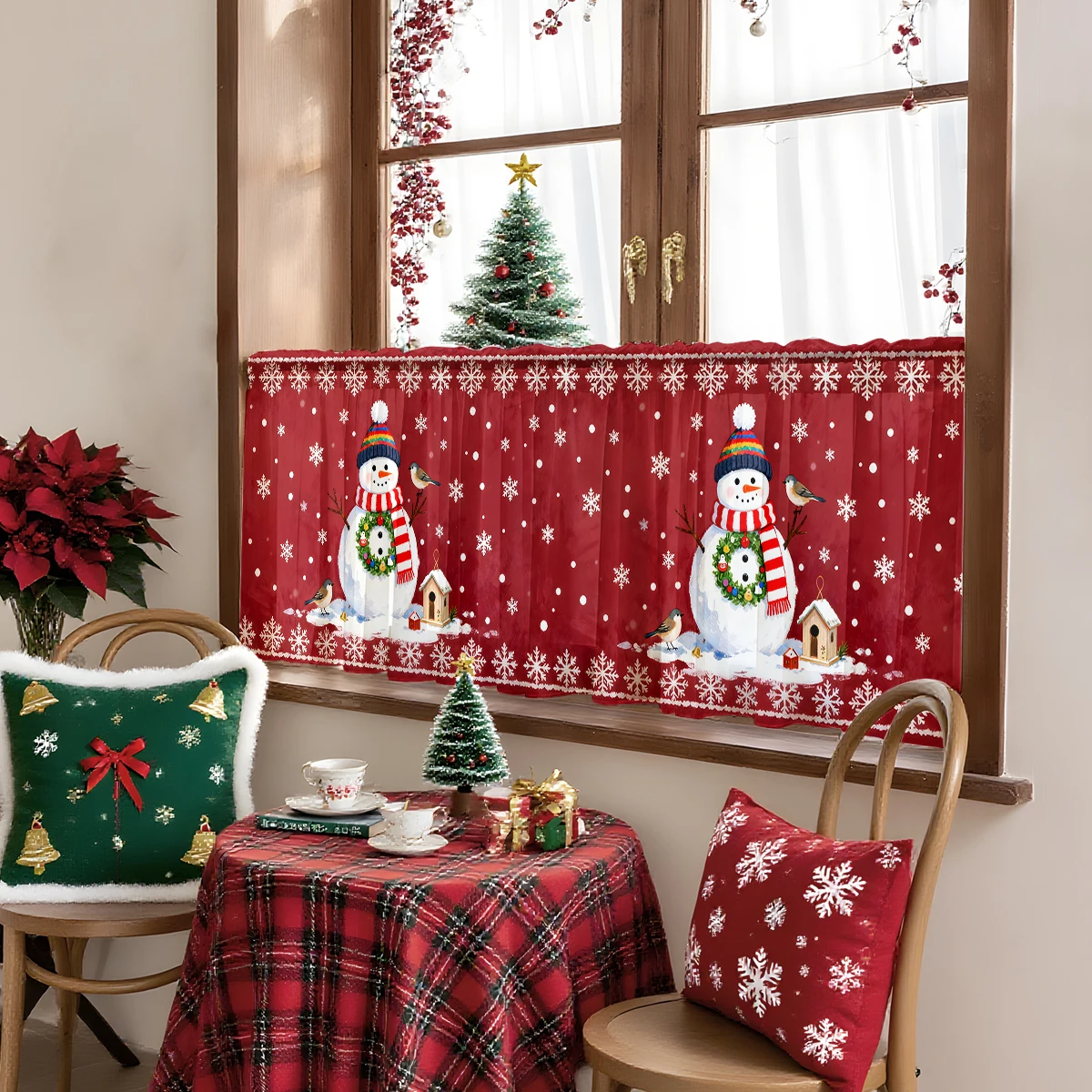 1Pc Holiday Decorative Curtain Sheer - Polyester Material, Rod Pocket Design, with Red Background Christmas Snowman and Snowflake Decoration Design, Suitable for Kitchen, Cafe, Etc. Decorative Small Curtains, Holiday Home Decoration, Christmas Ornaments