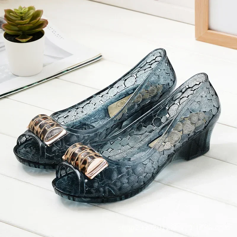 High Heeled Peel Toe Women's Transparent Sandals Breathable Casual Flat Shoes Outdoor Waterproof Anti Slip Metal Decoration