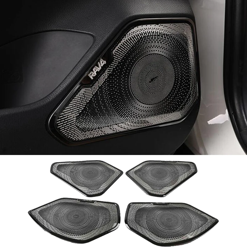 For Toyota RAV4 2019-2021 Steel Car Inner Door Audio Speaker CoverCar Corner Sound Frame Trim Protection Silver & Black 4pcs