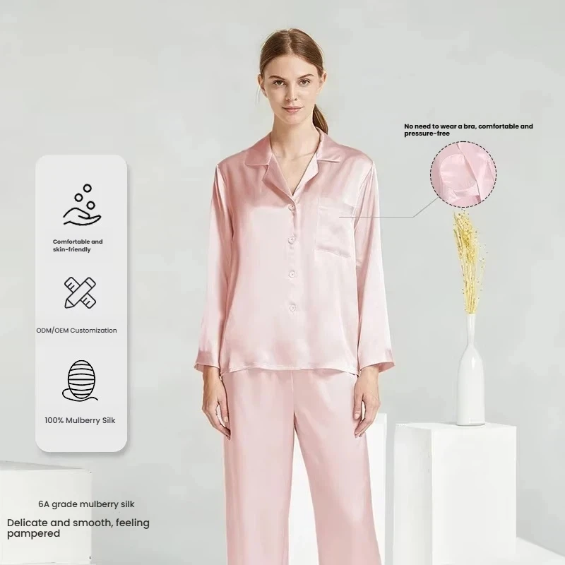 100% Mulberry Silk Pajama Set  Women Built-in Bra Pads Solid Color Four Seasons Loungewear Two Piece Outfit Wearable Outside
