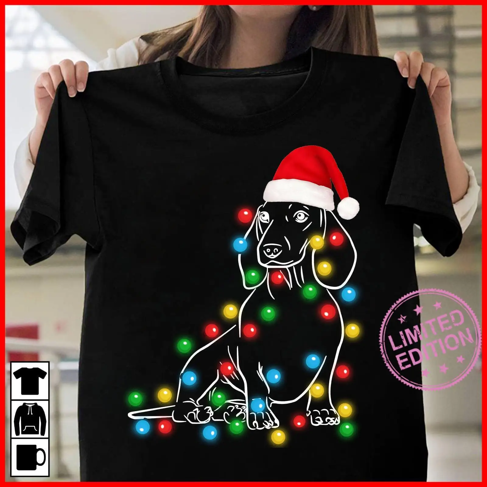 Dachshund Dog Christmas Light T-shirt Black Cotton All Sizes S to 345XL 02