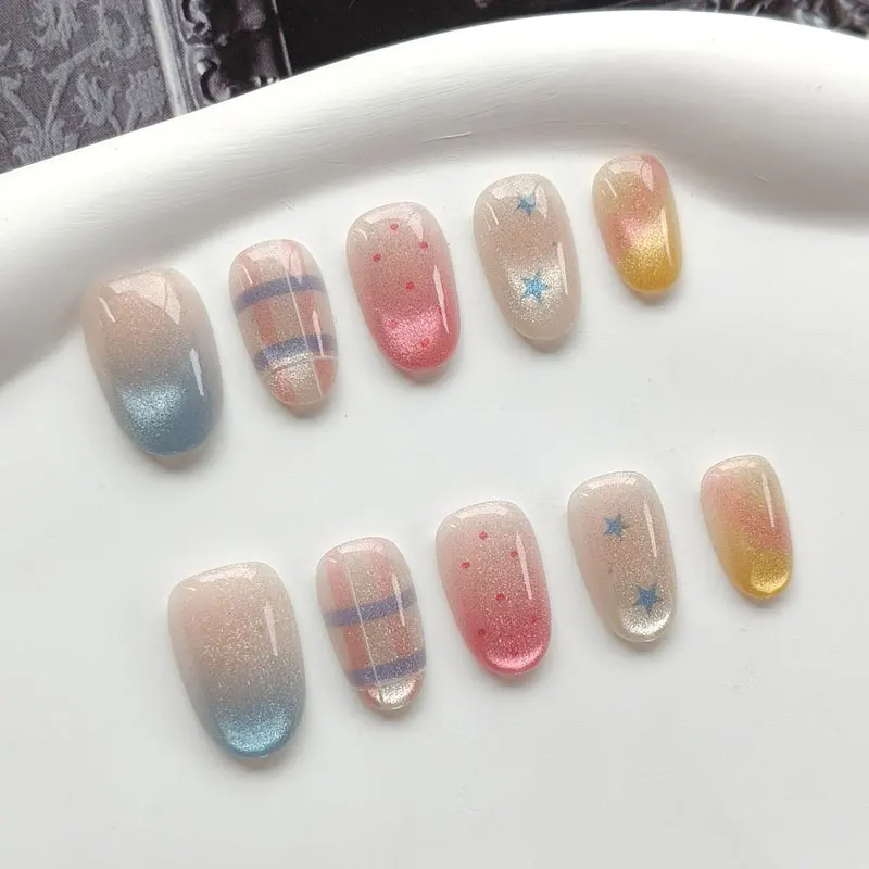 10 Stück Bunte Karierte Stern-Ösen Fein Glitzernde Ösen Mandel-Design Hochwertige Aufklebbare Nägel Maniküre-Aufkleber Press-on-Nägel – Detail 10