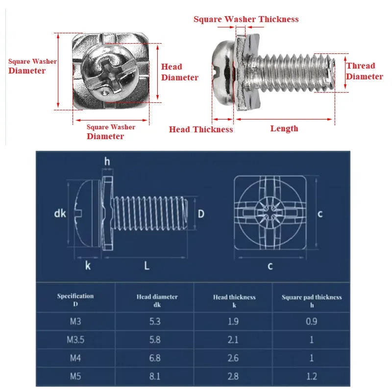 PM Square Washer Two Combination Screw Cross Round Head Pan Head Pad Nickel Plated Small Screws M3 M3.5 M4 M5