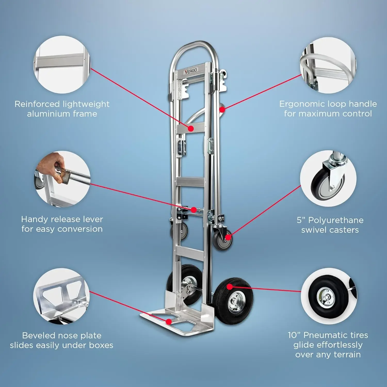 Industrial Convertible Hand Truck - AS7B Heavy Duty Aluminum 2 in 1 Dolly (800 lb Capacity) Lightweight Reinforced Frame, Ergono