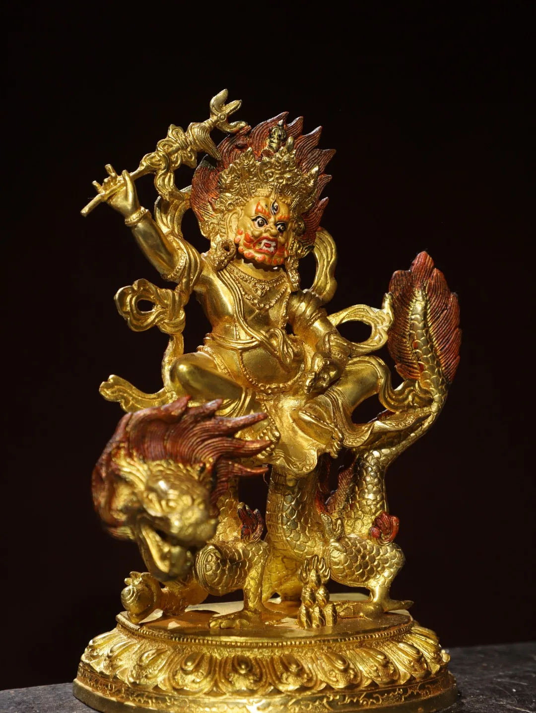 

10"Tibetan Temple Collection Old Bronze Gilded Painted Face Cinnabar Black Jambhala Sitting Buddha Divine Beast Worship Hall