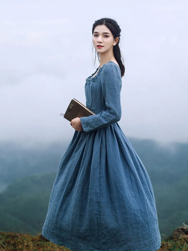 TIYIHAILEY Spring Autumn Linen Women Blue Dress Full Sleeve Long Mid-Calf Ladies S-XL Vintage High Waist 2026 Square Collar