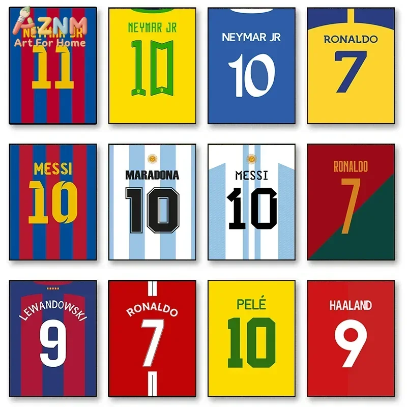 AZNM Soccer Legends Jersey Canvas Wall Art, Football Players Messi Ronaldo Neymar Print, No Frame Decor