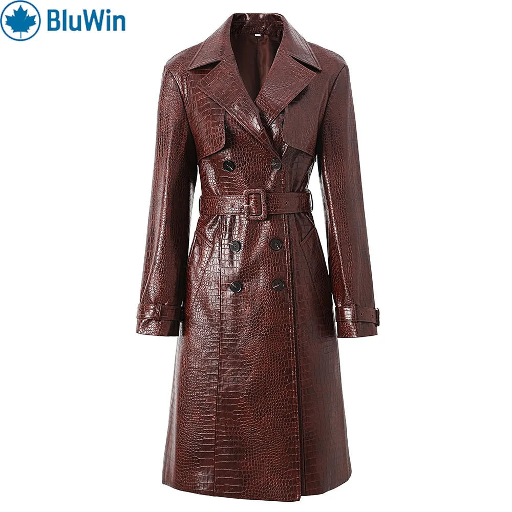 

BluWin Croc Embossed Faux Leather Trench Coat Women Double Breasted Belted Long Autumn Winter