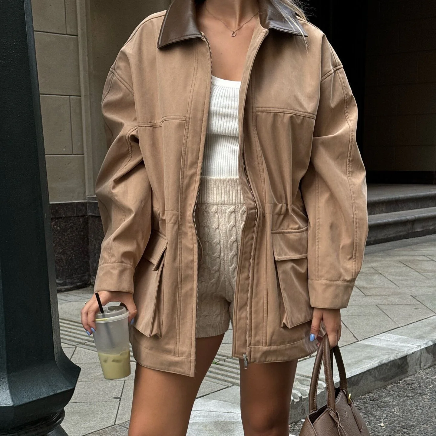 

Suninheart 2025 Spring and Autumn Lapel Suede Jacket Coat Fashion Long Pocket with Pocket Zipper Jacket Outwear Women