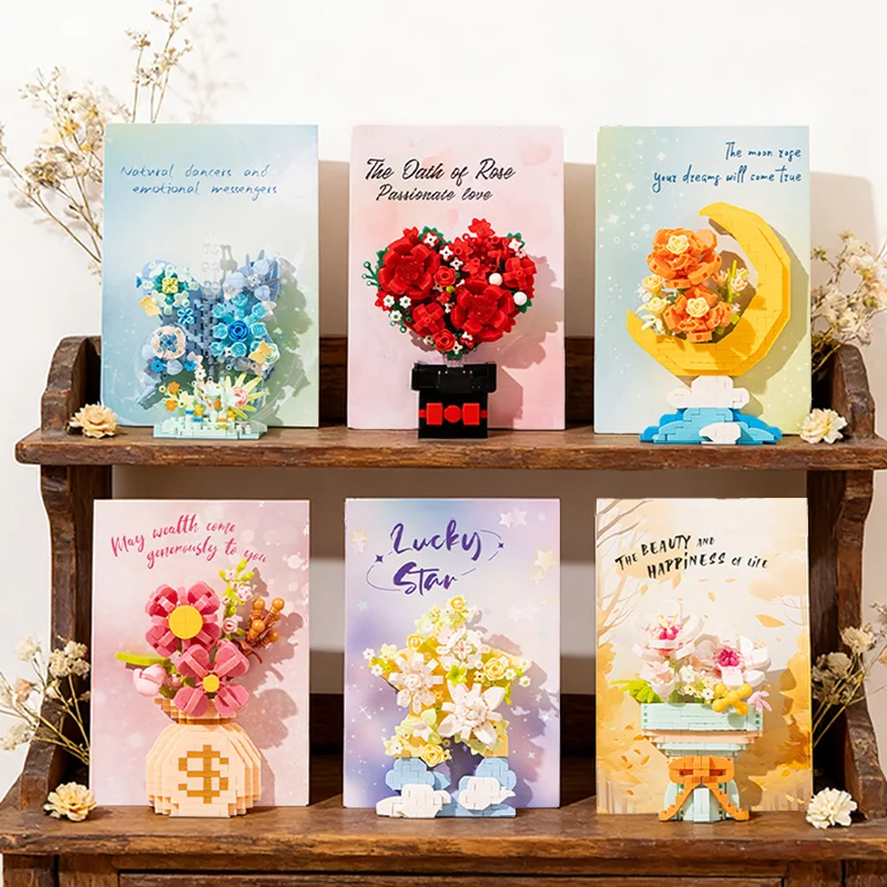 

2026 New Flower Building Block Set with Greeting Card Romantic Rose Bricks Mini Bricks DIY Toy for Her Girls Women Gift Decor