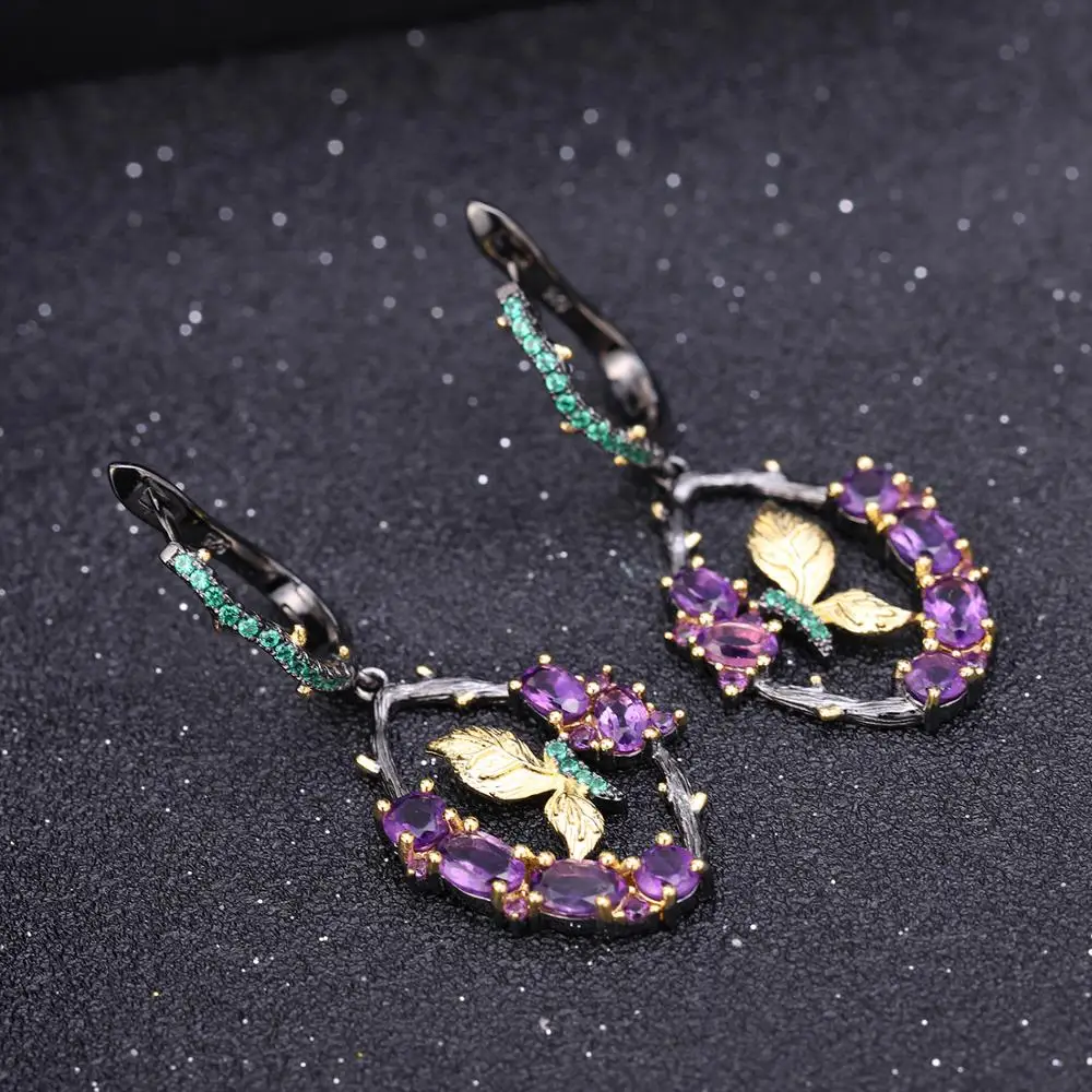 C7749 Abiding Natural Amethyst Gemstone Earrings 925 Sterling Silver Gold Plated Butterfly Branch Drop Earrings