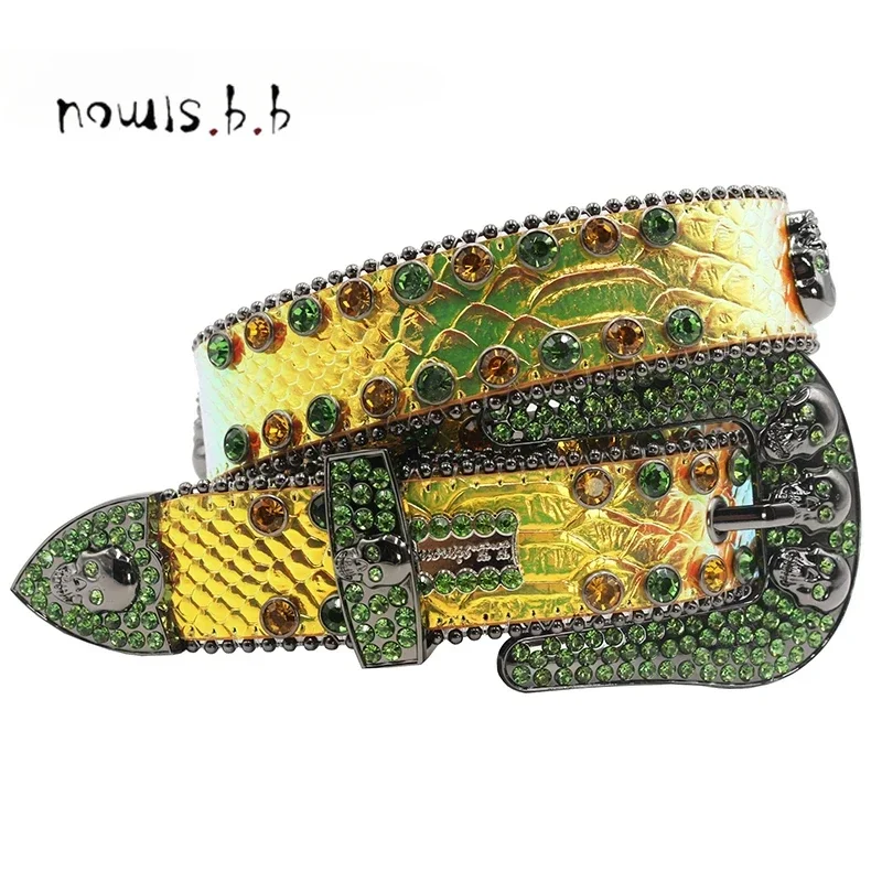 

SIMON SKULL Fashion Western Rhinestones Studded Belts for Men Diamond Fashion Luxury Designer Pемень Mужской Kожаный cinturón