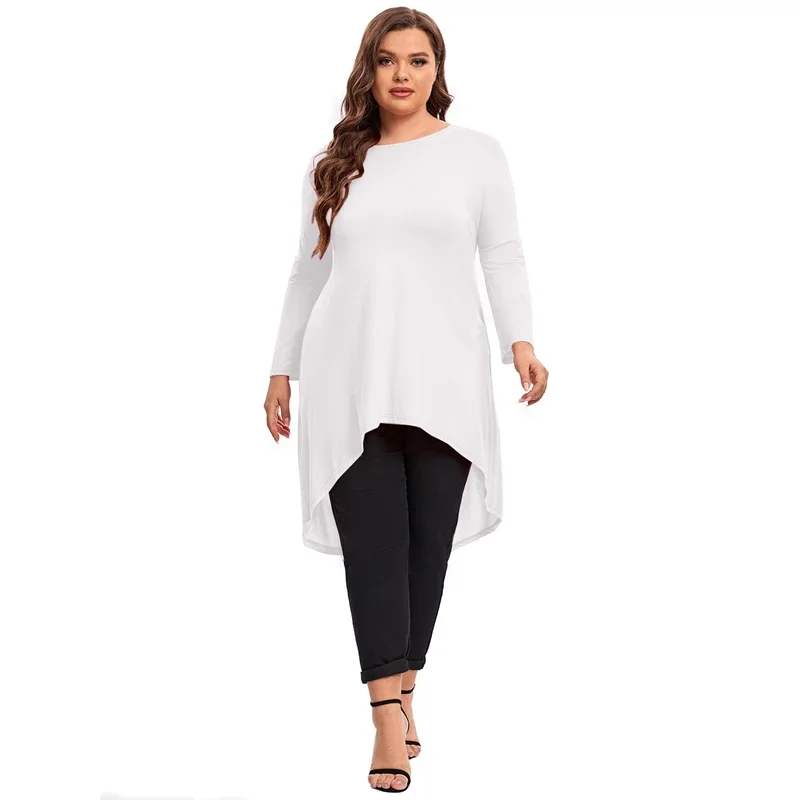 Plus Size Long Sleeve Casual Hi Low Tops Long Loose Fit Flare Basic Swing Blouse T Shirt Duży Rozmiar Wiosna Jesień Tunika 7XL 8XL