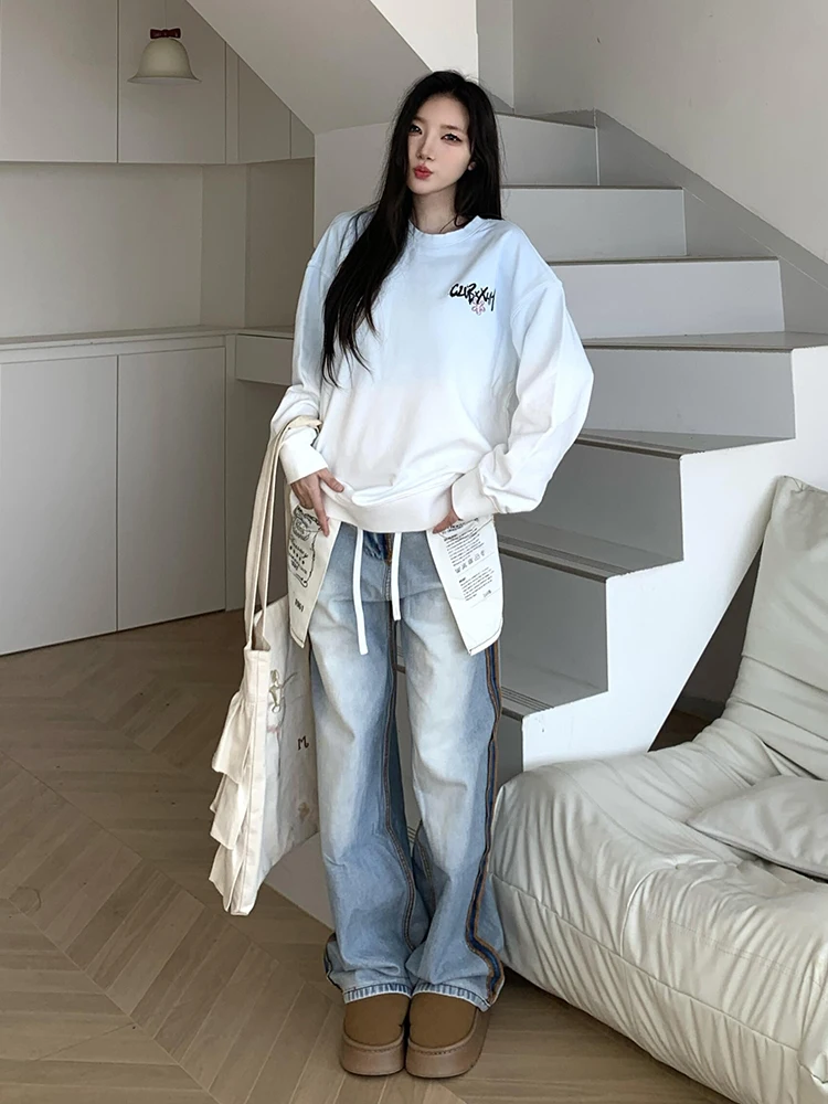 American Style Retro Flip Side Wear Design Sense Jeans Women's Spring Summer New Loose Wide Leg Casual Straight Leg Pants