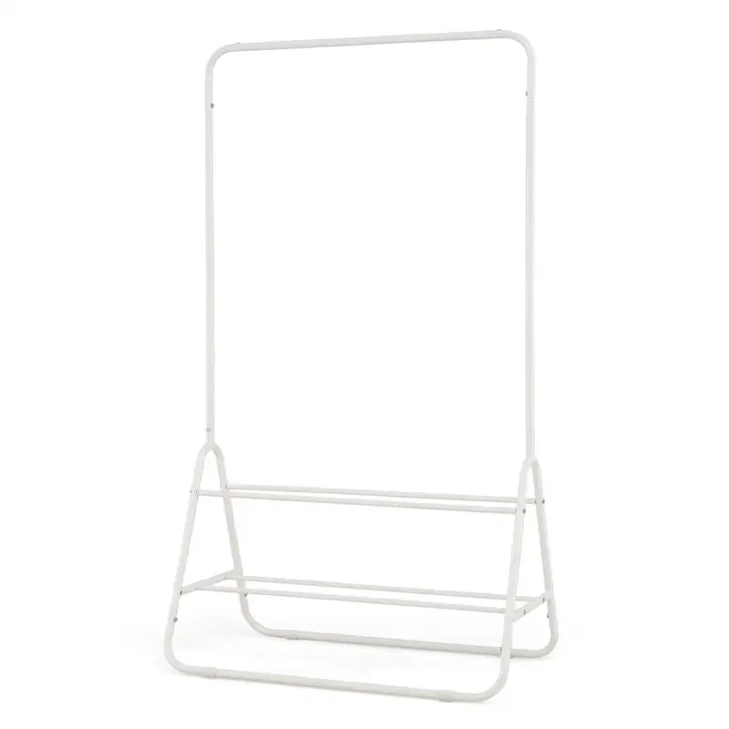 Heavy Duty Metal Clothes Rack With Hanging Rod And Storage Shelves, Sturdy Triangular Structure Garment Organizer For Bedroom Living Room, White