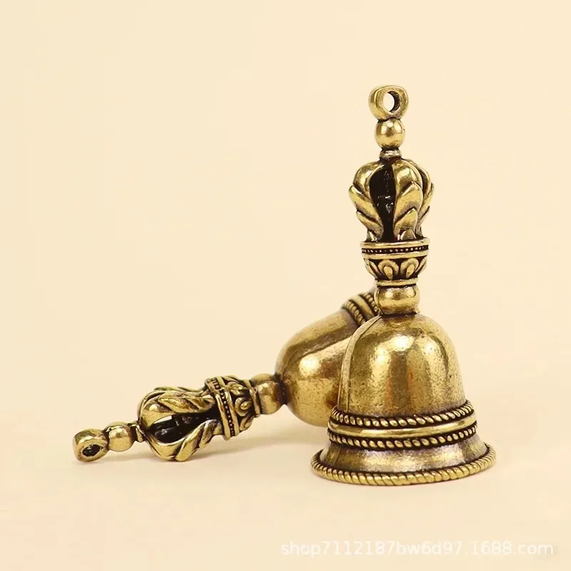 Vintage Tibetan Brass Hand Bell, Die Cast Metal Hanging Wind Chime Bell for Prayer, Meditation, Front Desk & Home Ornament