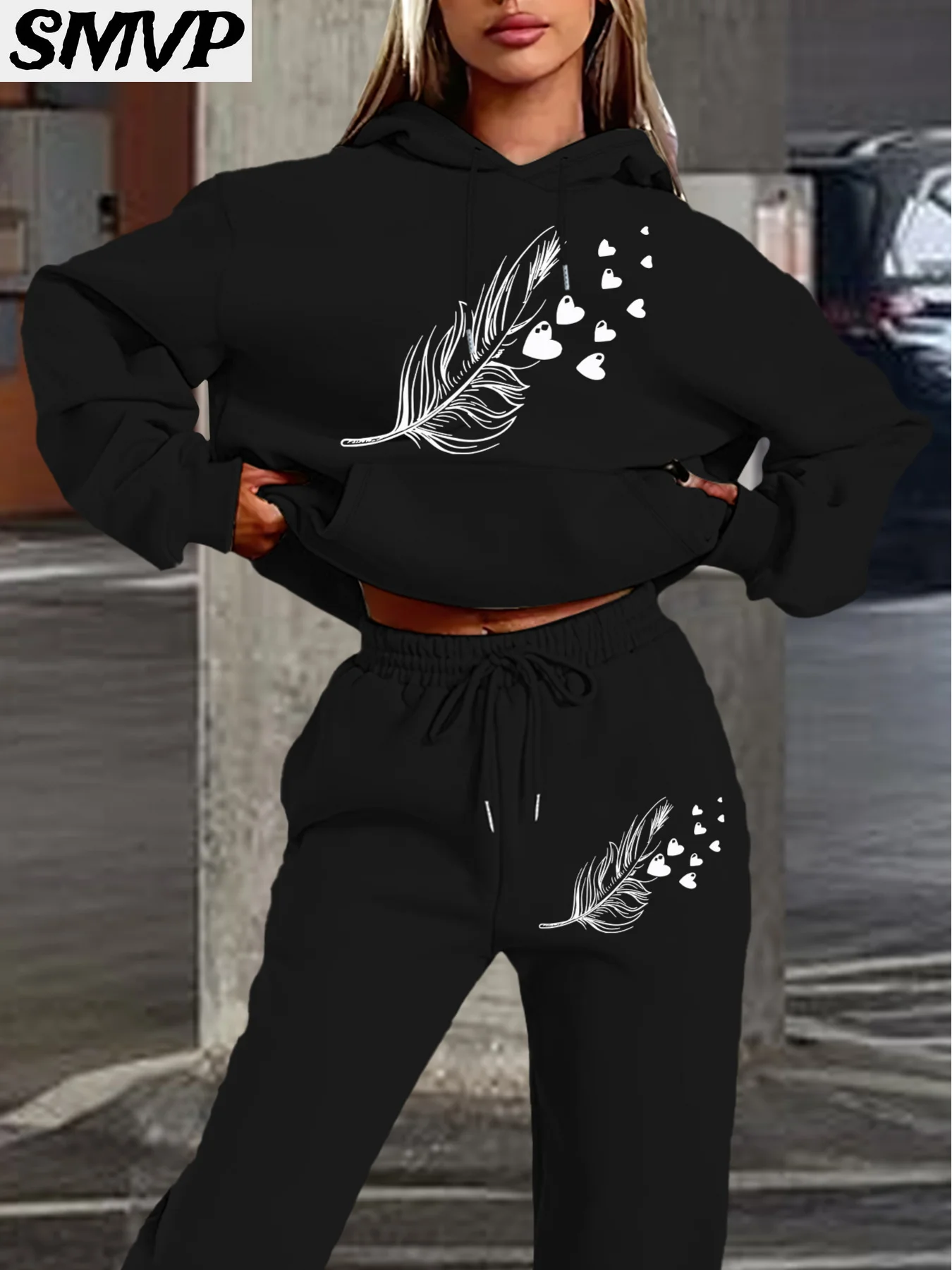 

SMVP женский хлопковый комплект с капюшоном для девочек, бежевый комплект из двух предметов с принтом перьев и сердечек, повседневная одежда для дома, одинаковые комплекты для мамы и дочки