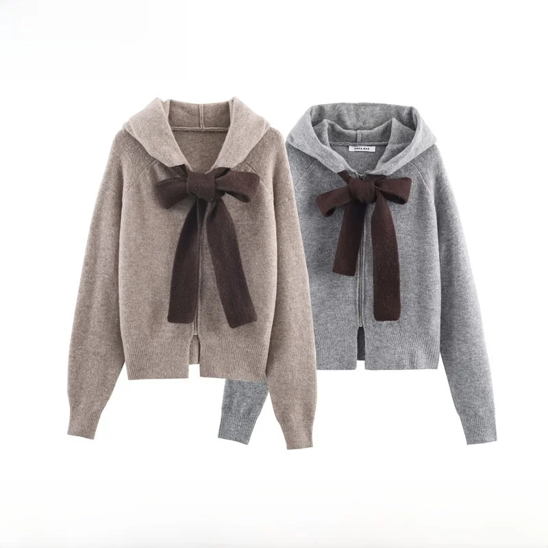 

Autumn Winter New Arrival Women's Knitted Long Sve Hooded Coat Knot Design College Sle Loose Fit Polyester Fiber