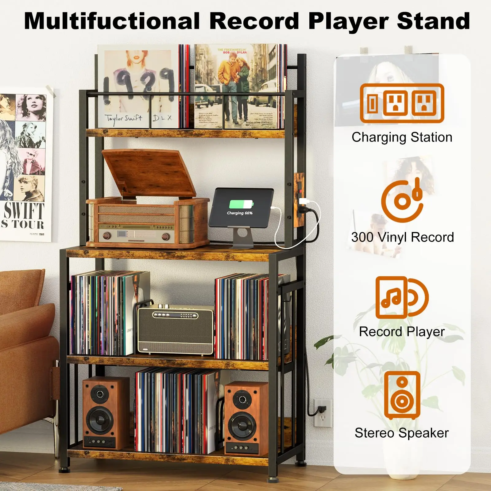

Hooqu Multifunction Record Player Stand Vinyl Record Display Rack Vinyl Record Stand With Charge Station