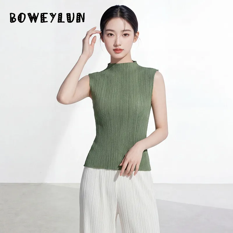 

Women's Half High Neck Sleeveless Tops Summer Stretchy Slim Fit Textured T-Shirt for Women