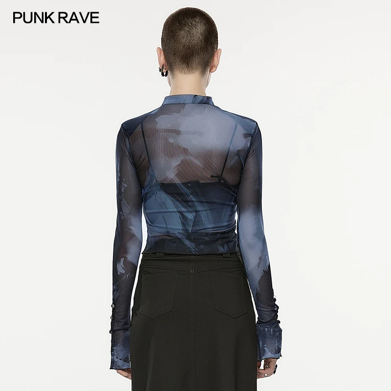 PUNK RAVE-Chinese Style Abstract Printed Long-Sleeved T-shirt for Women, Sexy Modified Cheongsam Collar, Irregular Hem Tops