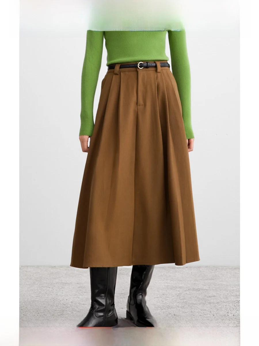 

Юбка-миди ROCO2026 весенняя утепленная шерстяная А-силуэта с высокой талией, утягивающая, с поясом, в стиле ретро, из полиэстеровой смеси