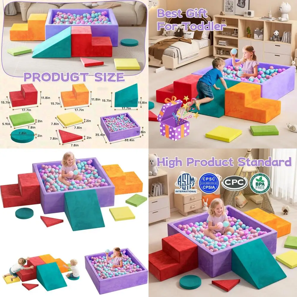 Morbidi blocchi da arrampicata per bambini con pozzo per palline, set in schiuma da 8 pezzi per età 1-3, gioco al coperto con forme e rampa