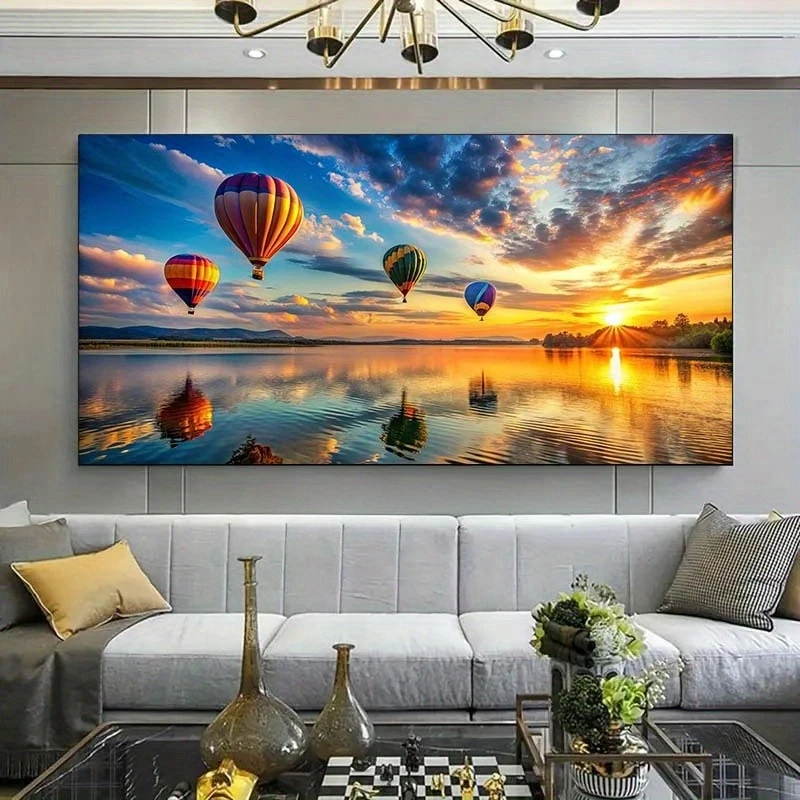 Large Frameless Canvas Wall Art,Sunset Over Lake Hot Air Balloons Poster Prints Modern Landscape Art Canvas Painting Wall Art Pi