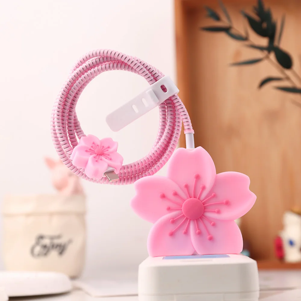 Cartoon Flower Phone Charger Case For iPhone 16 15 14 13 12 11 Pro Max 18W 20W Charger Protector Data Cable Winder Accessories