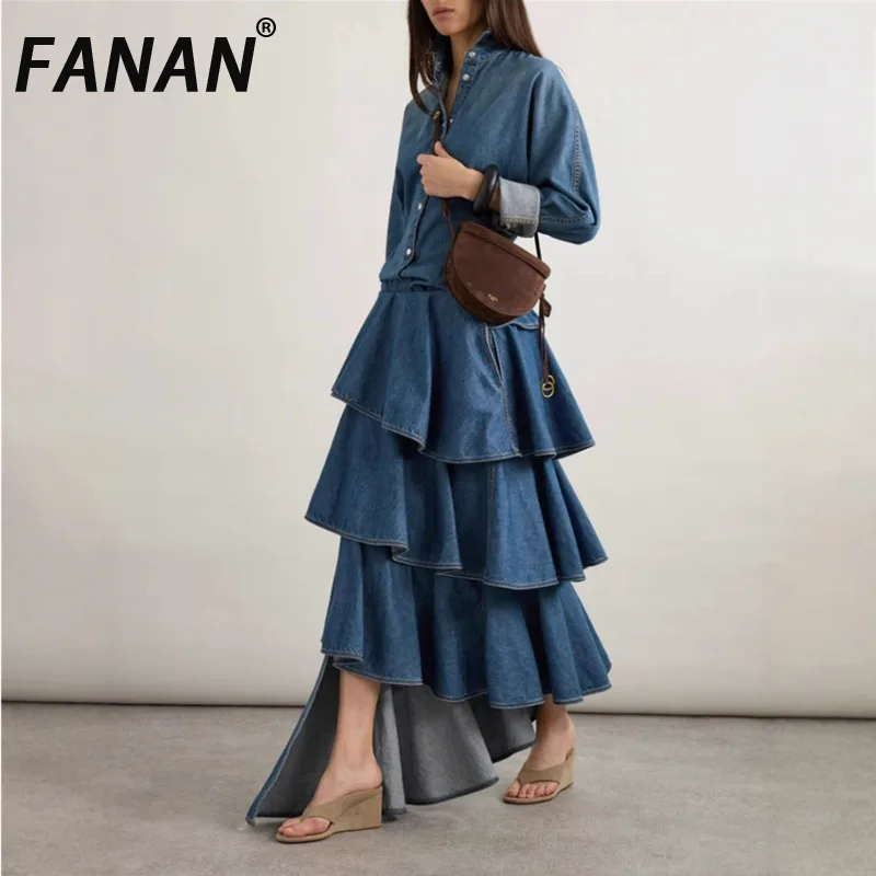 FANAN Fashion Denim 2 Piece Set For Women Round Neck Single Breasted Shirts + High Waist Irregular Ruffle Skirts 2026 Spring New