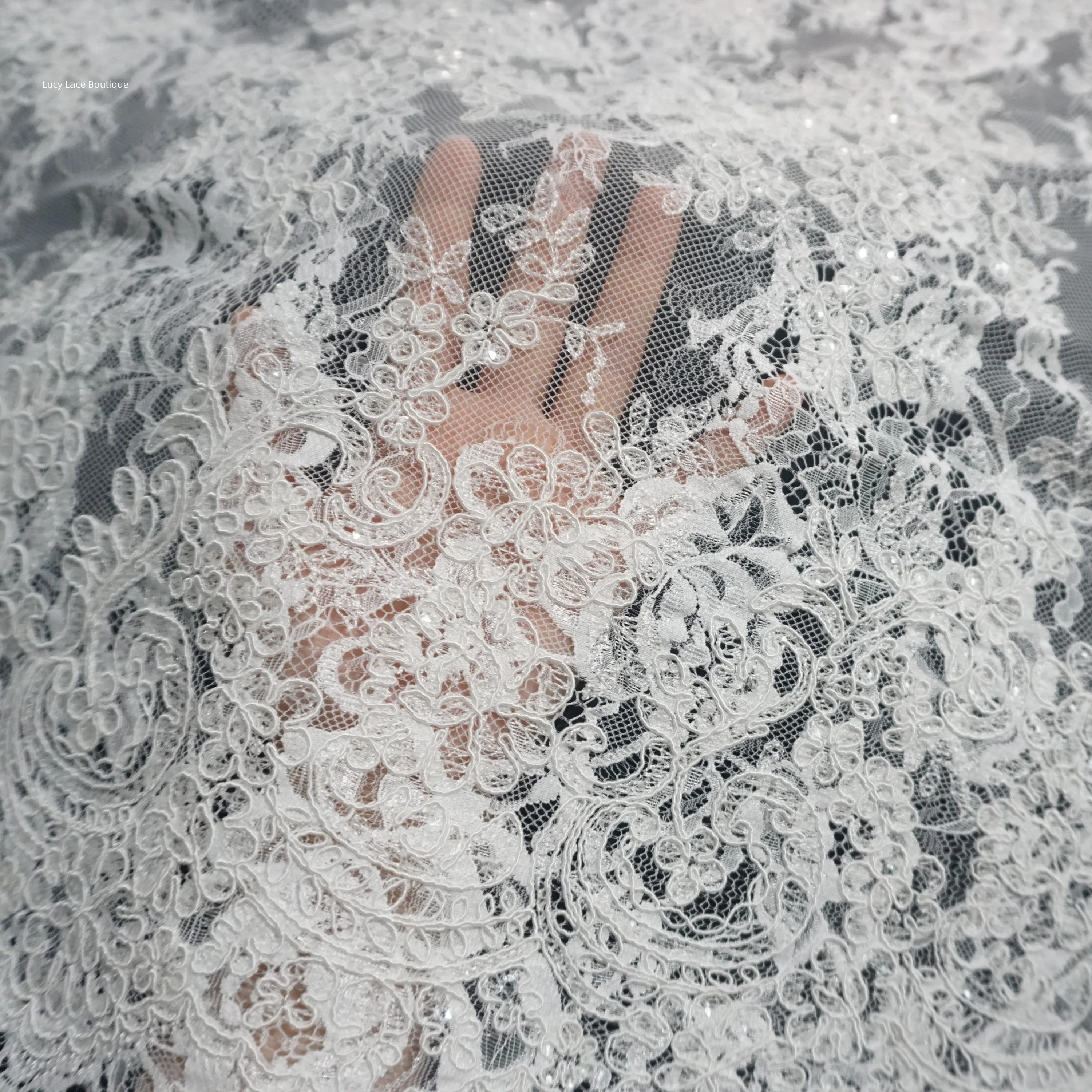 Wholesale Light Ivory Bride Embroidered Fabric Strong Cording French Lace Cord Lace Sequins 125CM Wide Super Luxury Chic Fabrics