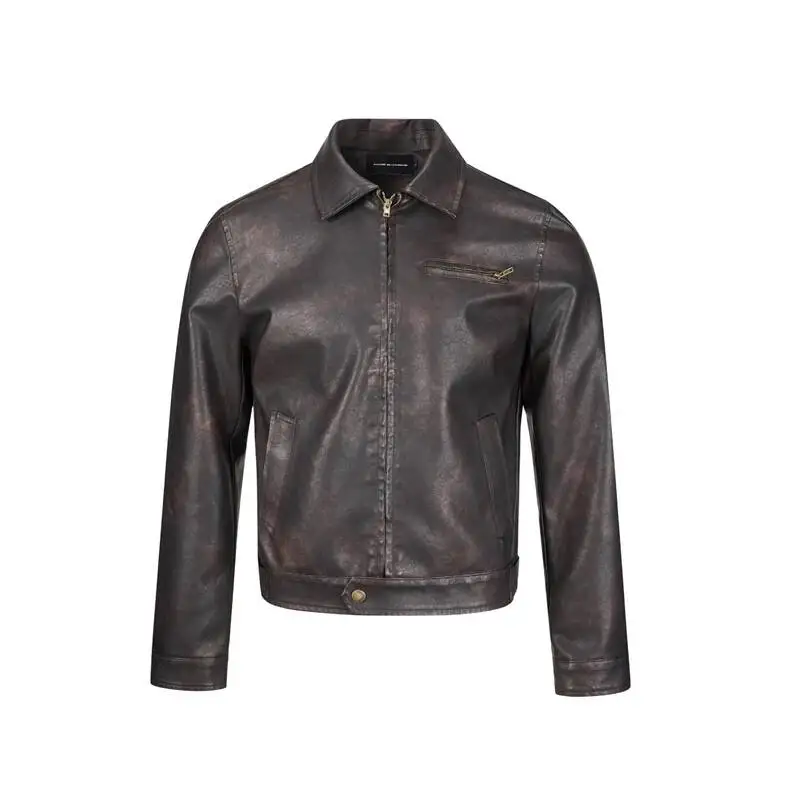 Lapel Vintage Washed Faux Leather Jacket Men Zip Up Cropped Outerwear Niche American Biker Style Autumn Casual Coat VFCV6