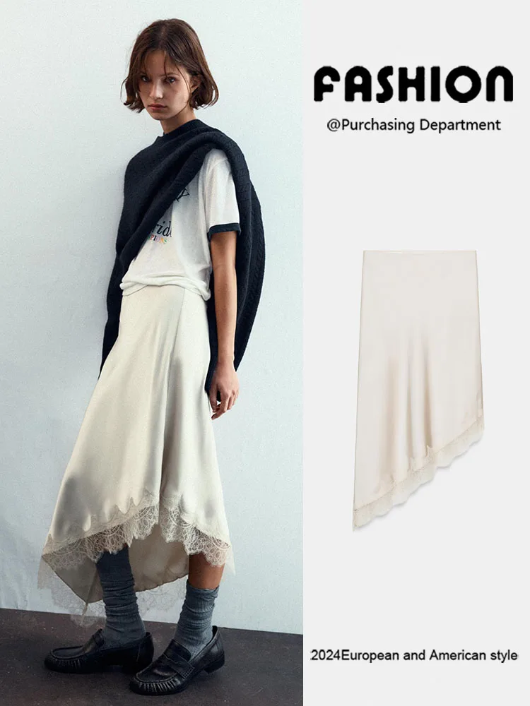Winter 2025 New Women's Simple Versatile Mid-Waist Lace Trim Silk Satin Skirt Faionable Stage Costume Ethnic Wear