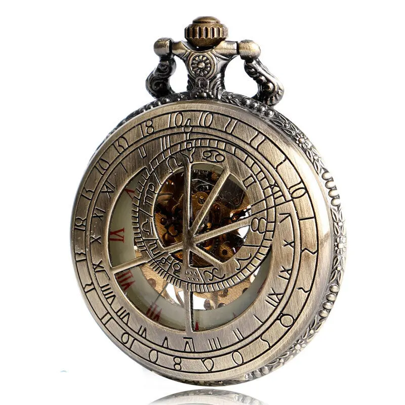 Steampunk Pocket Watch Bronze Tone Case Men's Mechanical Windup Chain Roman Numeral Display Nice Gift