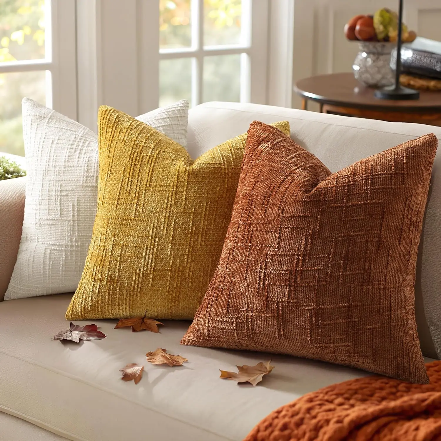 Yellow Chenille Throw Pillow Covers Spring Boho Decorative Textured Neutral 45x45CM Cushion Cover for Couch Sofa Bed Living Room