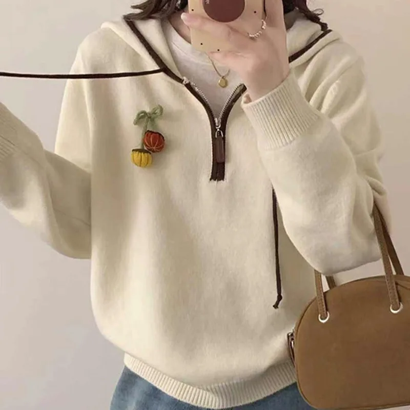 HKSH Autumn Winter New Women Sweater Hooded Color Block Pullover Half-zipper Long Sleeves Versatile Elegant Knitted Tops HK18169