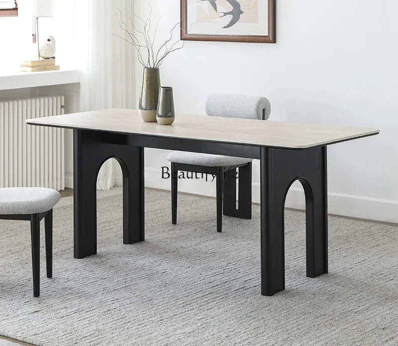 

01 French retro solid wood travertine rock slab dining table small apartment medium and ancient rectangular table