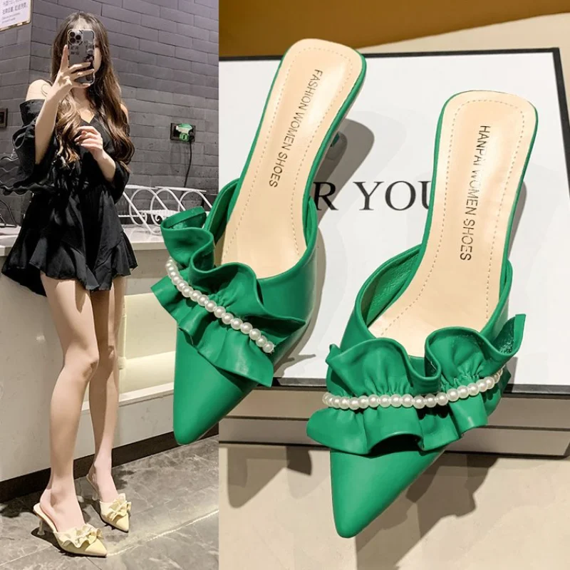 Comem Women Slip on 2023 Trend Summer Green Pointed Toe Slippers Women Sandals Elegant Sexy Luxury Pearl High Heel Mules Shoes