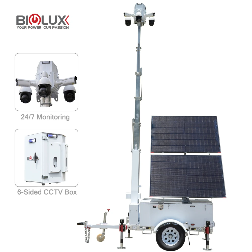Solar Panel Mobile Trailer Electric Mast Solar CCTV Surveillance System Featuring SD Card Cloud Storage For Remote Monitoring