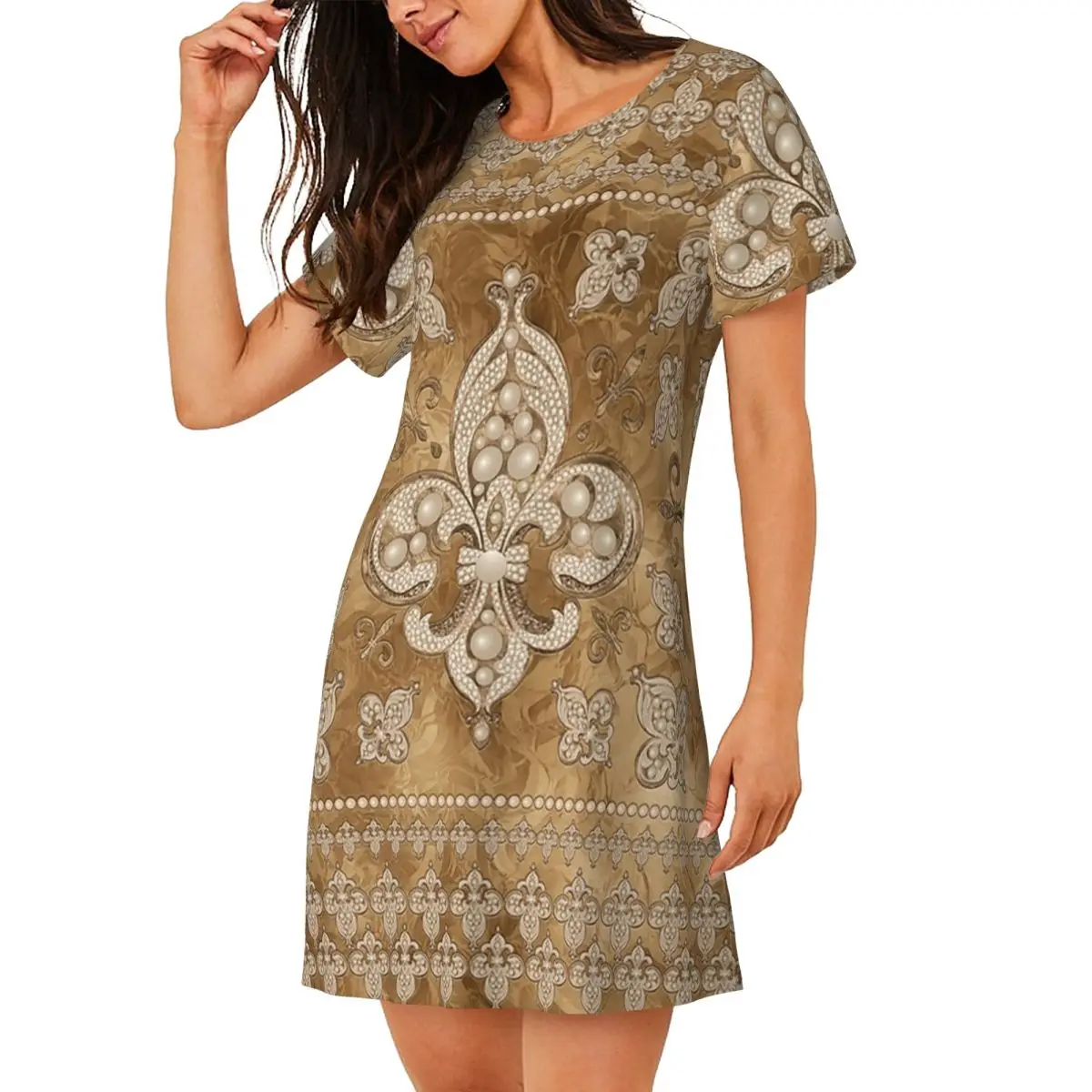 Custom Fleur-de-lis Luxury Pearl And Gold Short Sleeves Nightdress For Sleeping Women Short Sleeve Nightgowns Loose Pajama Dress