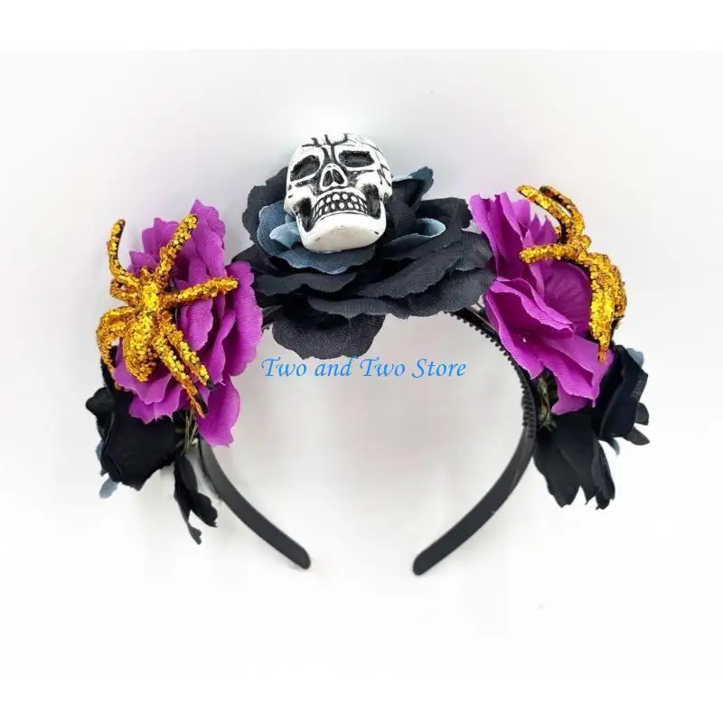 

HX6F LED Glowing Flower&Skull Headband for Women Halloween Party Hair Hoop Hairband Woman Taking Photo Hair Accessories