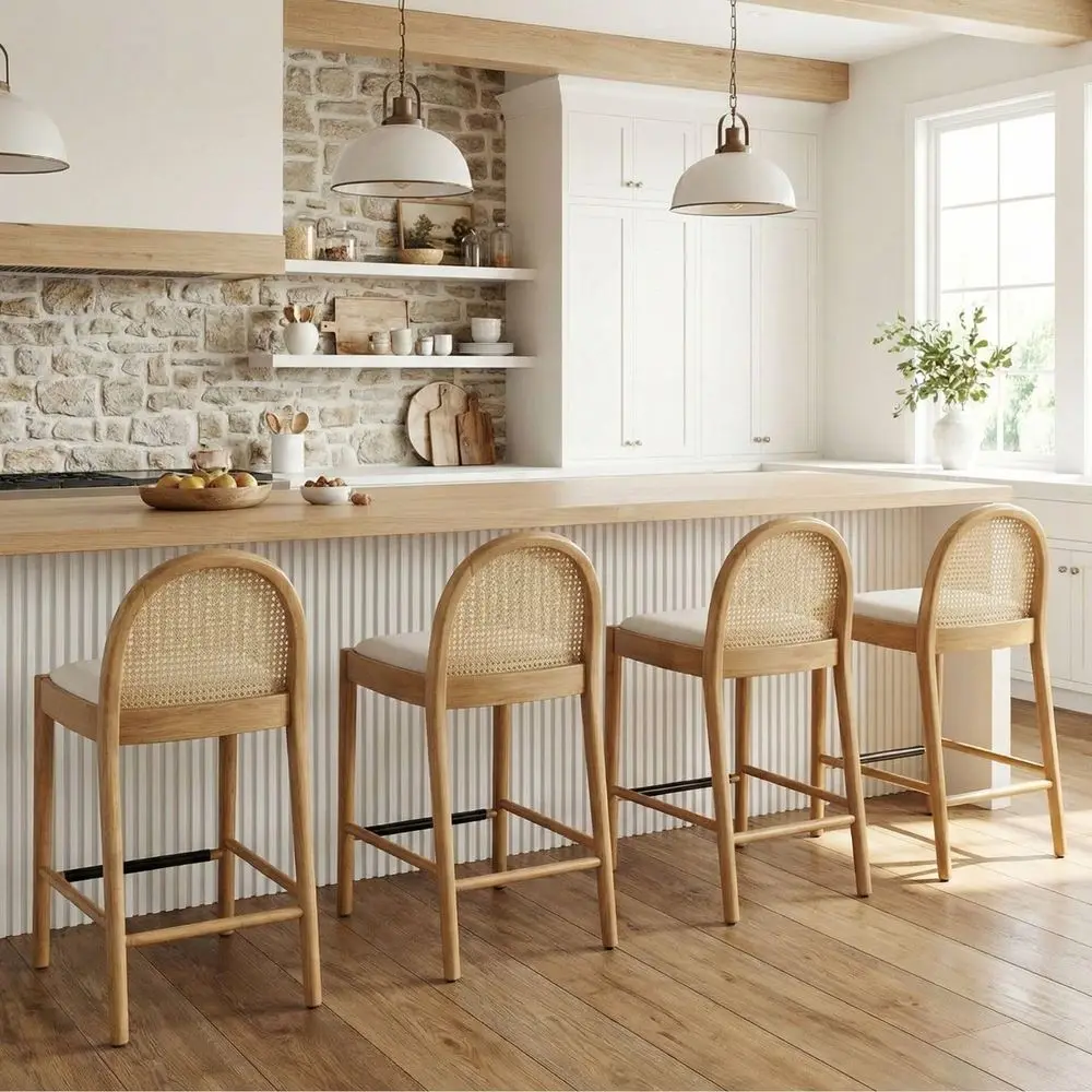 

Modern Linen Counter Stools Set of 4, 26 Seat Height Low Bar Stools with Wooden Legs Natural Rattan Cane Back Counter Height Ba