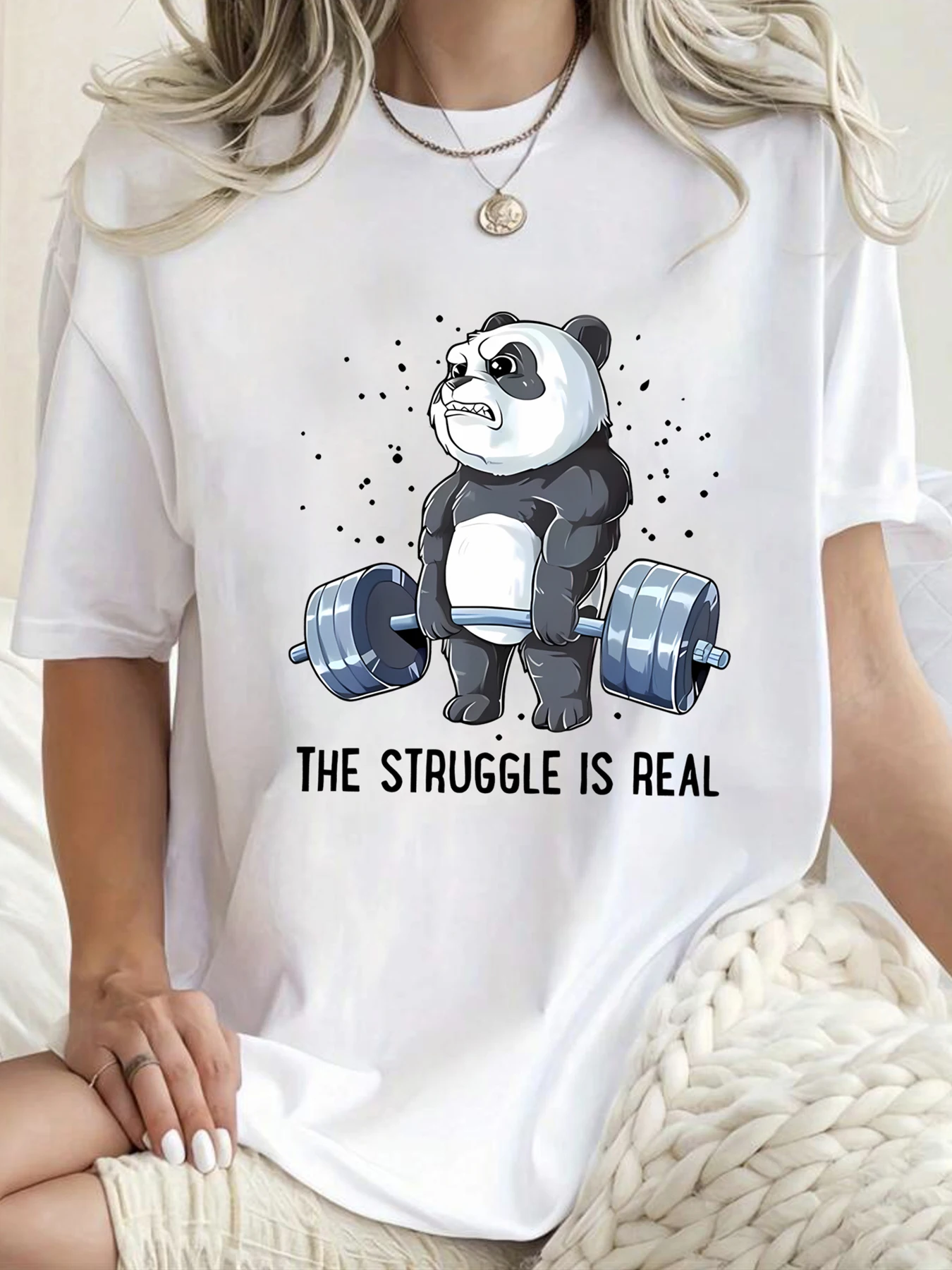 

Panda pull-up bar Plus size women's round neck short sleeve T-shirt with elastic half sleeves and trendy prints