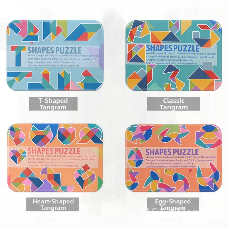 Juego de rompecabezas Tangram colorido de madera para niños con caja de hierro, almacenamiento, juguete educativo de desarrollo de inteligencia para Aprendizaje Temprano