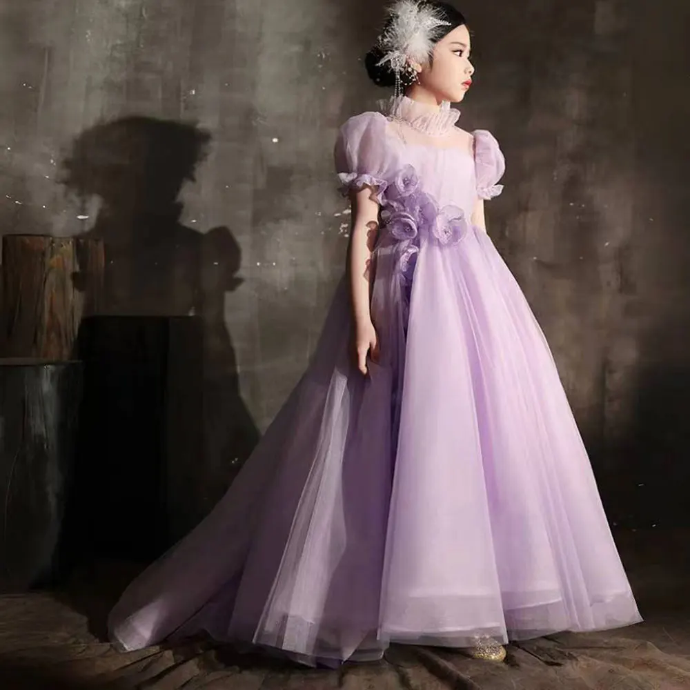 Jill Wish Elegant Lilac Dubai Girl Dress Handmade Flowers Kids Princess Birthday Wedding Party Children Holiday Gown 2024 J262